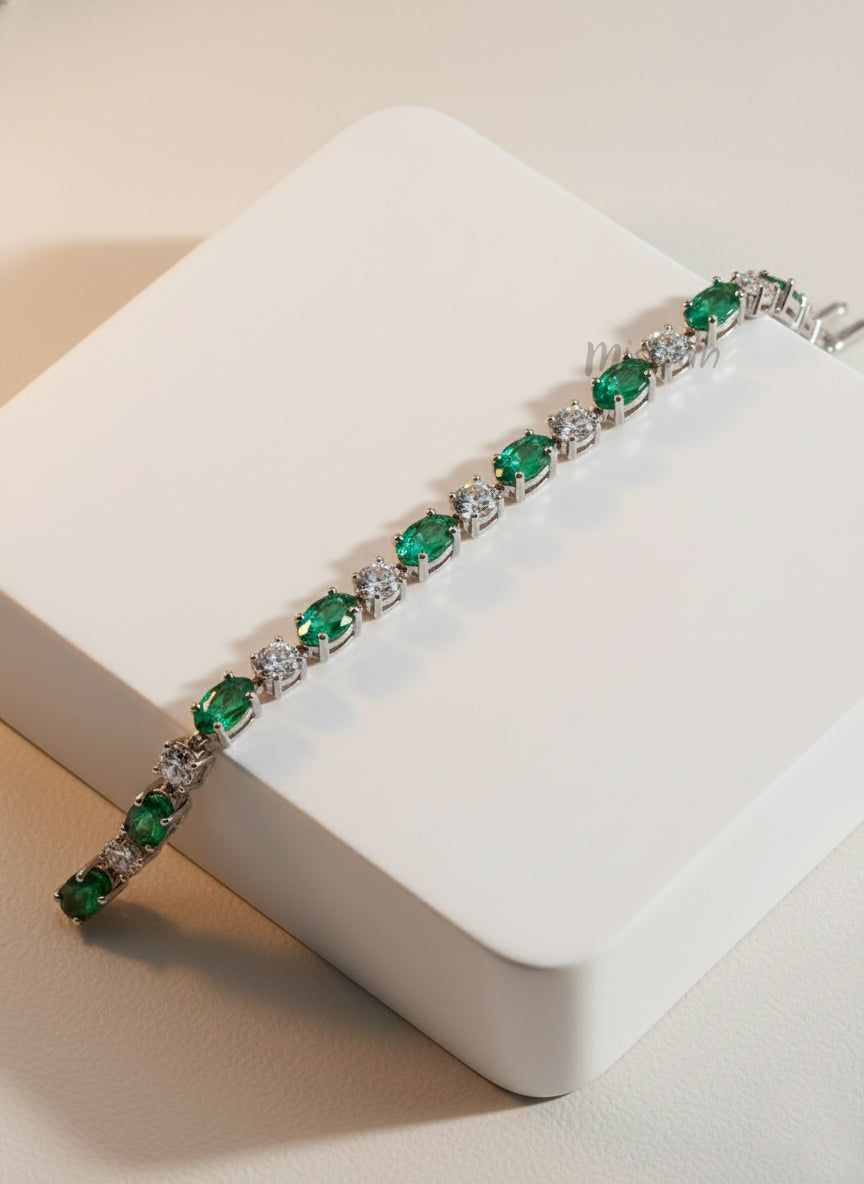 Silver Oval Cut Green Gemstone Statement Bracelet