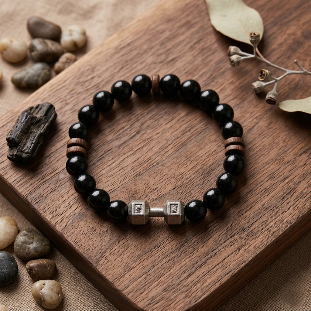 Dumbbell Charm Black Bead Bracelet