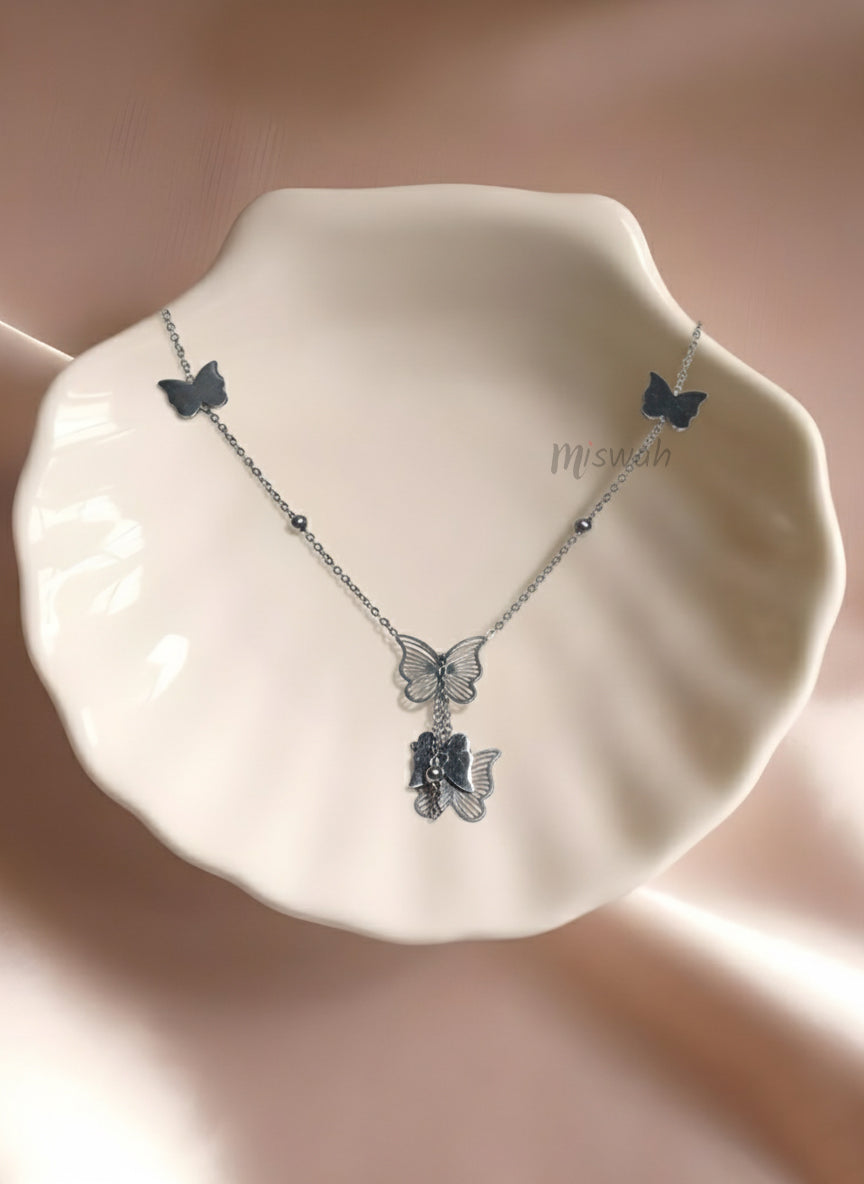 Dainty Butterfly Station Necklace with Filigree Pendant