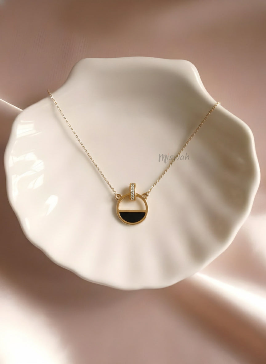 Modern Geometric Black Enamel Crystal Halo Necklace