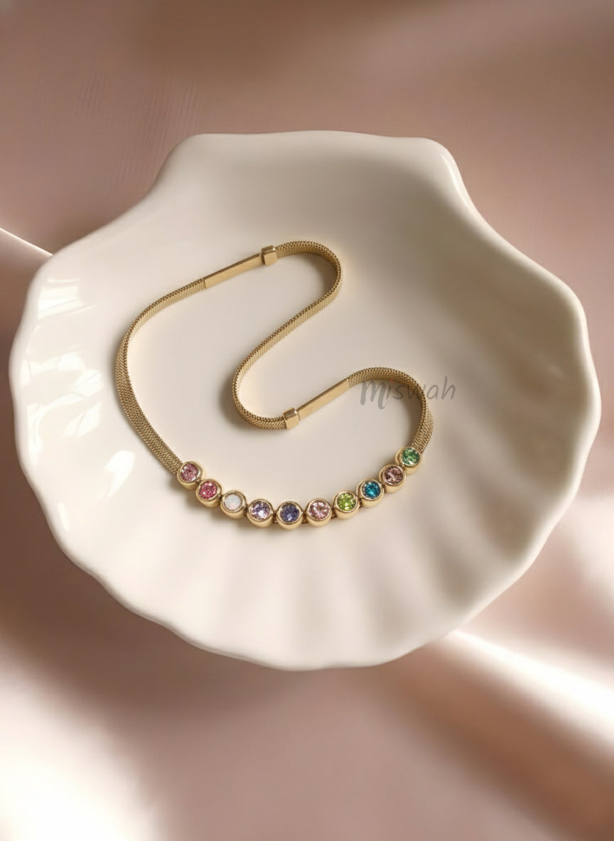 Rainbow Zirconia Gold Mesh Collar Necklace