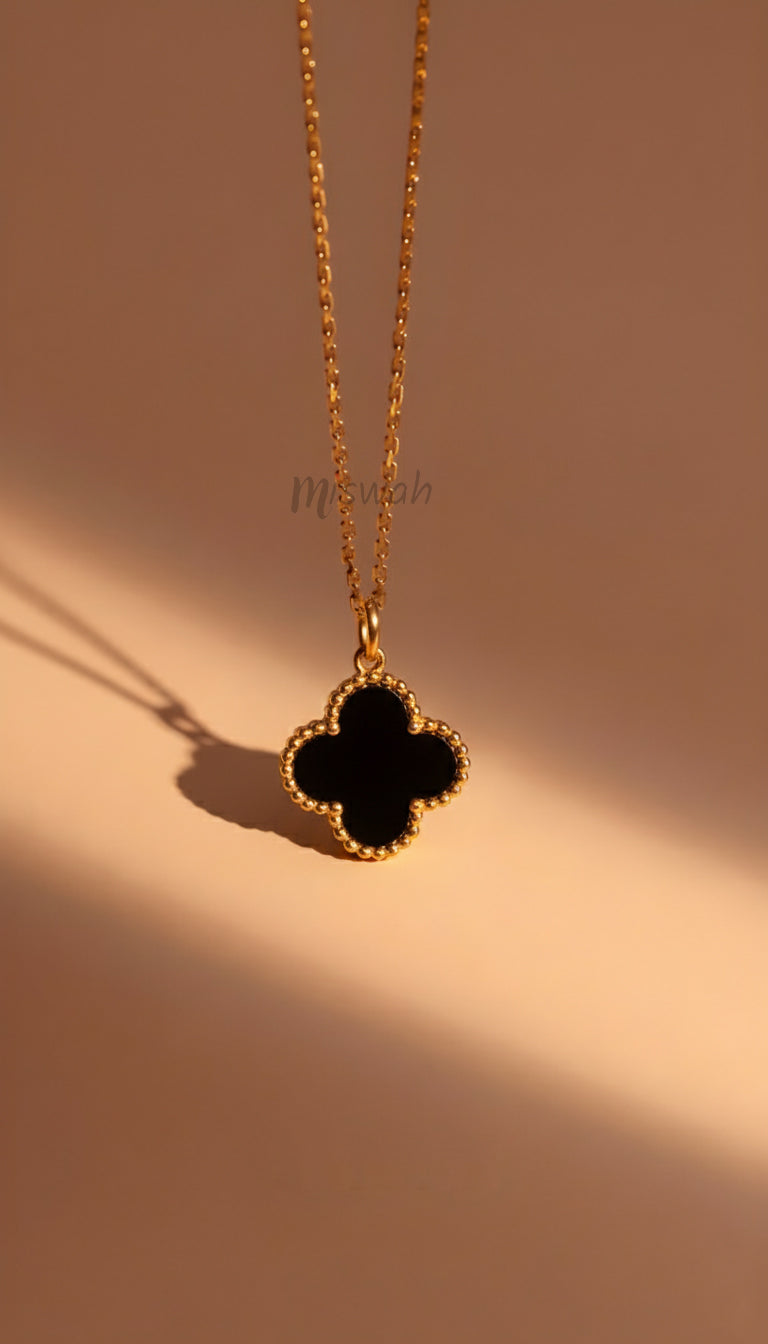 Vintage Alhambra Style Black Onyx Clover Necklace