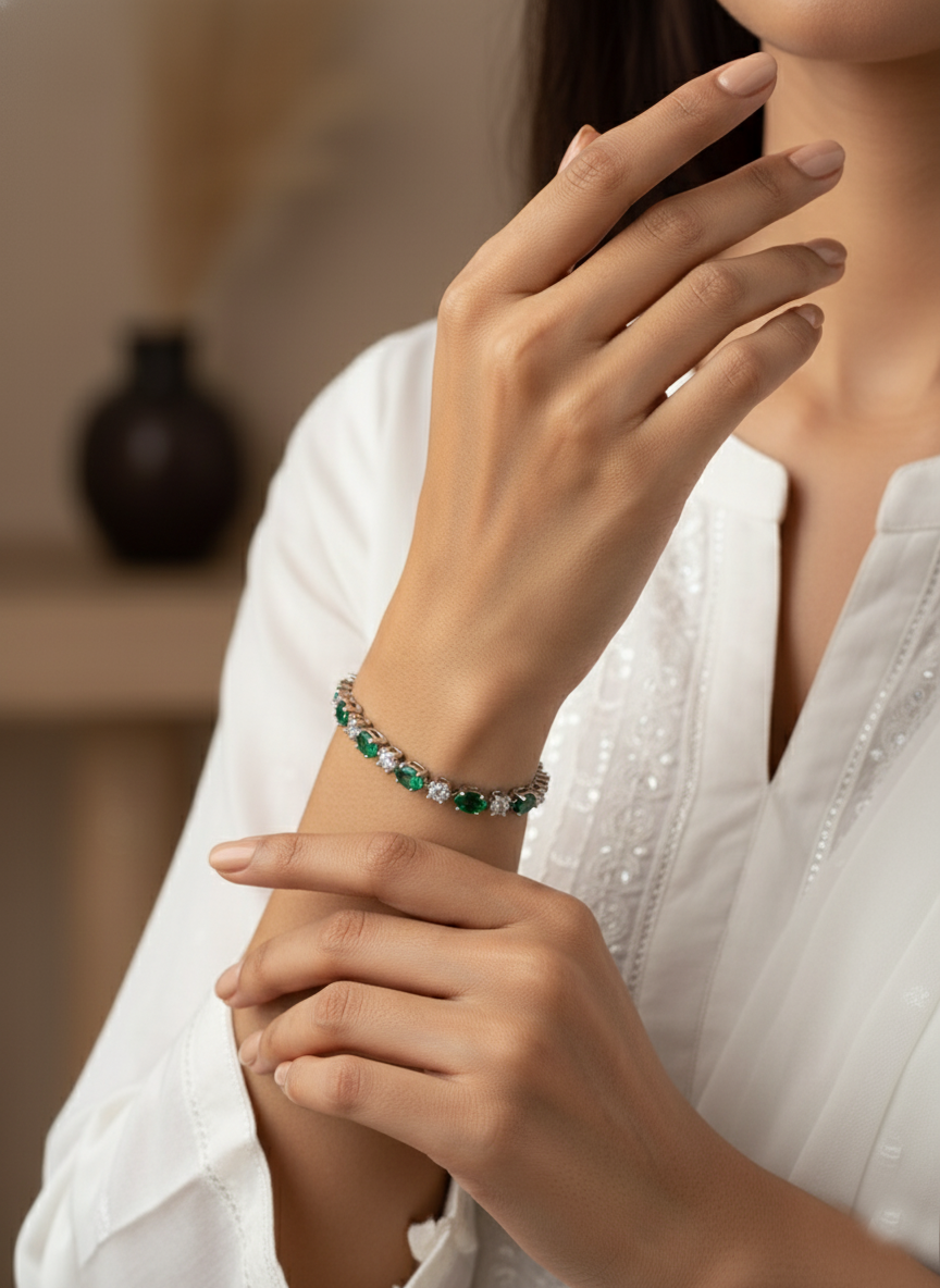 Emerald Elegance Silver Tennis Bracelet
