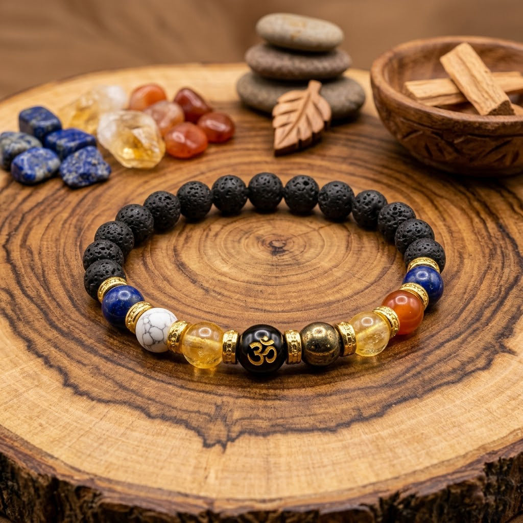 7 Chakra Lava Stone Bracelet with Om Symbol