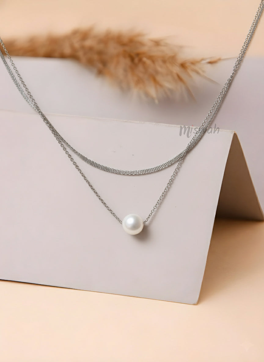 Silver Pearl Layered Necklace | Minimal Elegance by Miswah