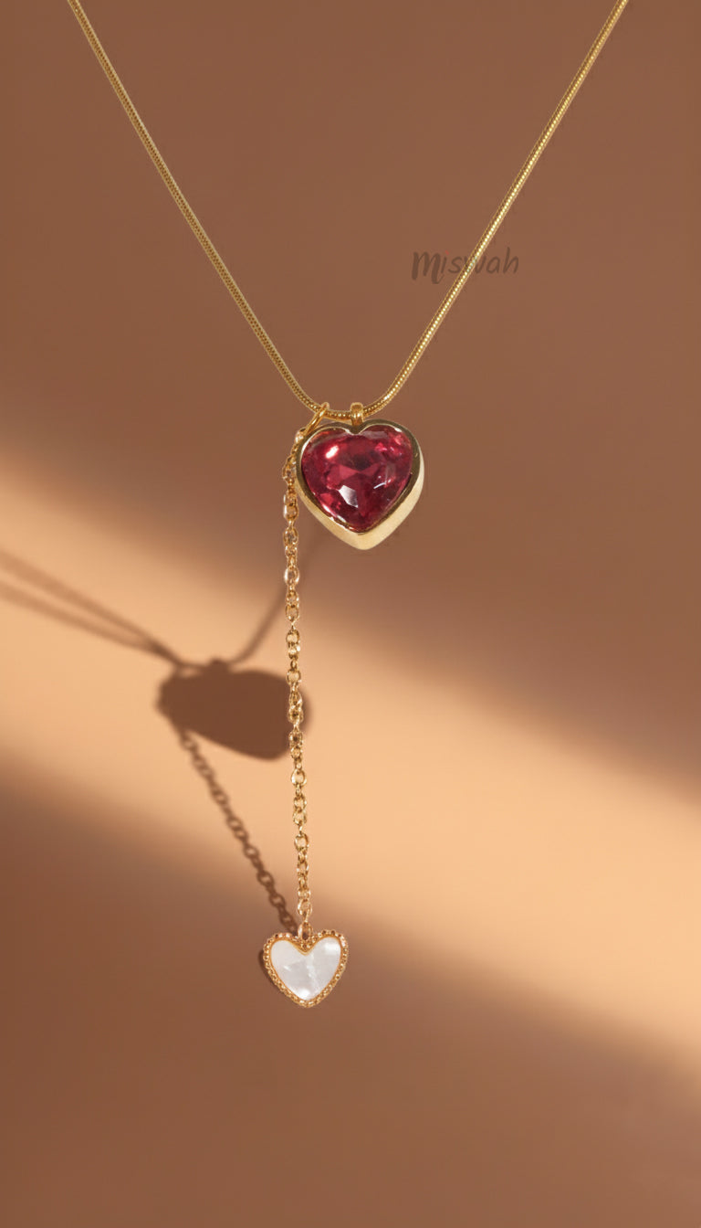 Gold Ruby Heart & Pearl Drop Lariat Necklace