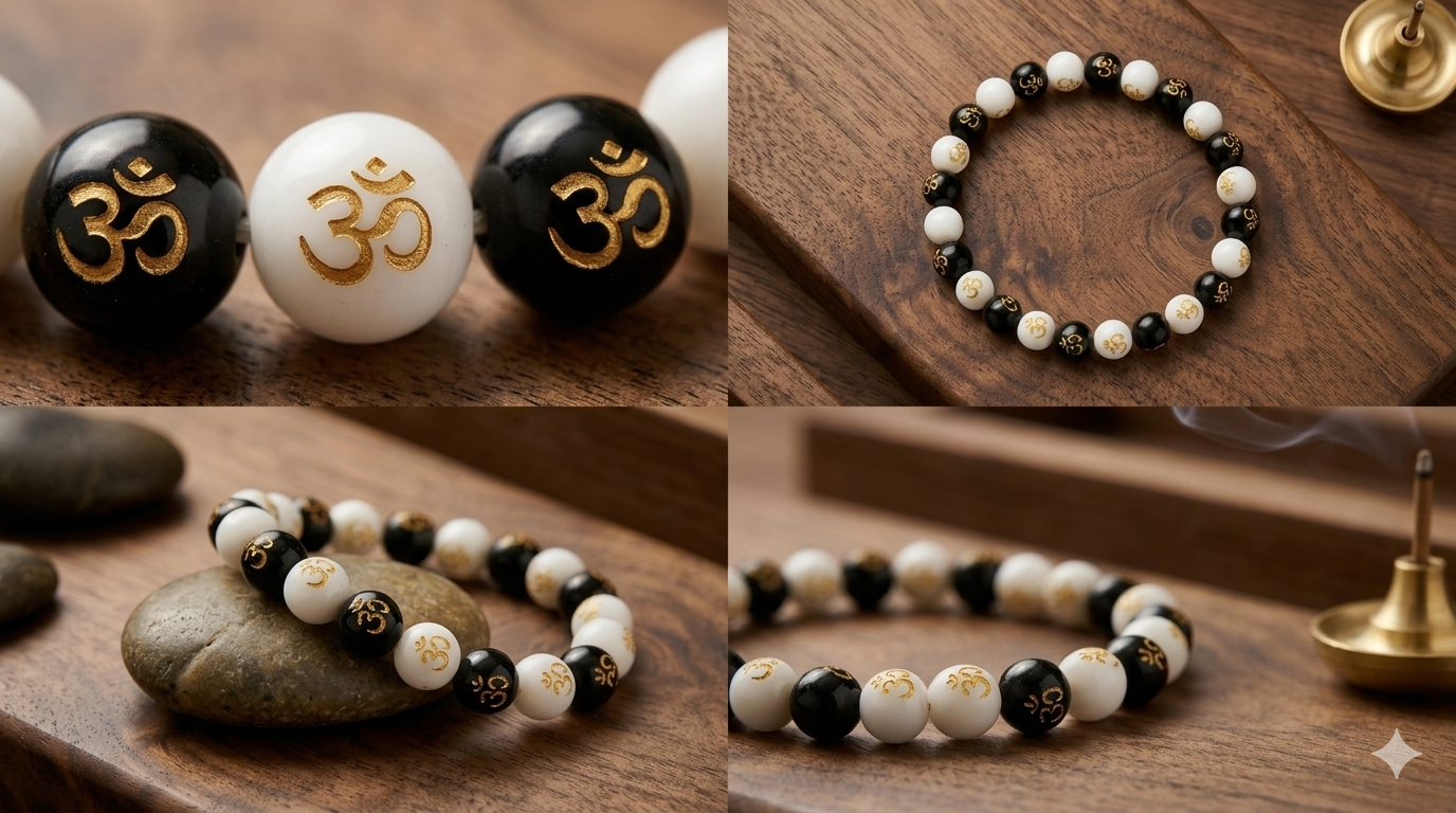 Om Symbol Black & White Beaded Bracelet