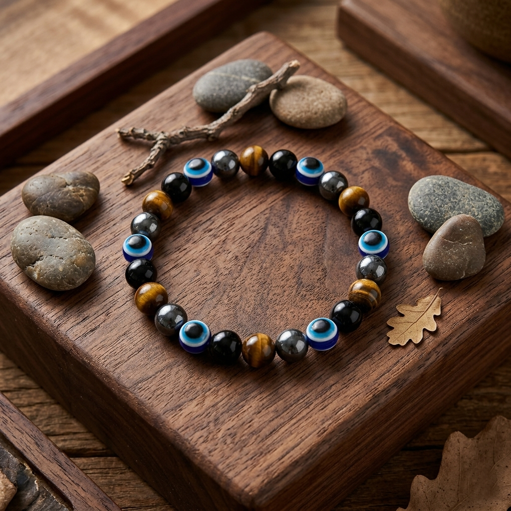 Evil Eye Protection Bracelet with Tiger Eye & Hematite