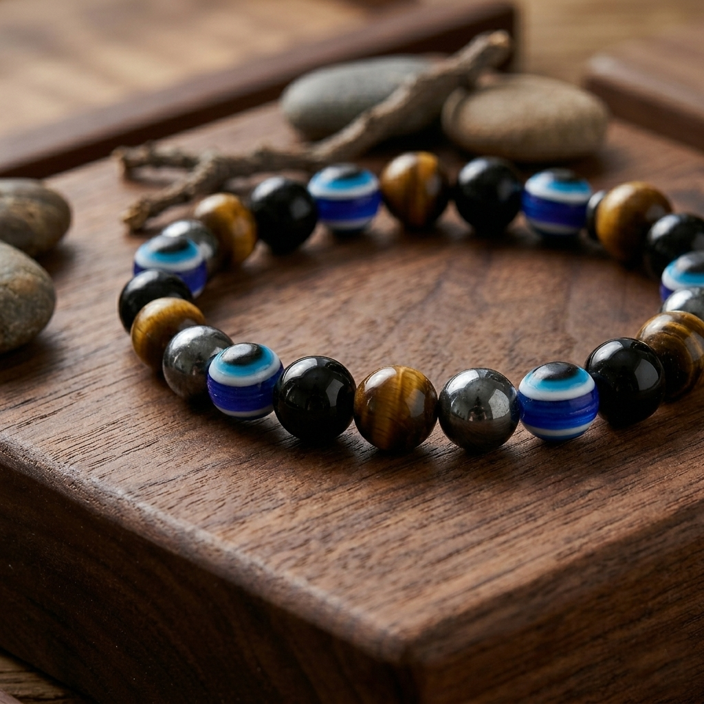 Evil Eye Protection Bracelet with Tiger Eye & Hematite