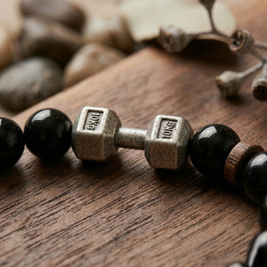Dumbbell Charm Black Bead Bracelet