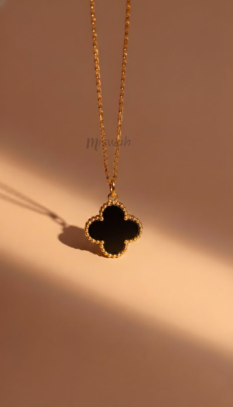 Gold Plated Black Onyx Clover Alhambra Necklace