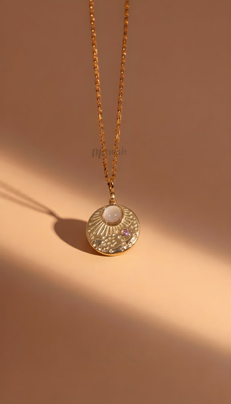 Vintage Gold Coin Pendant with Moonstone & Pink Zircon