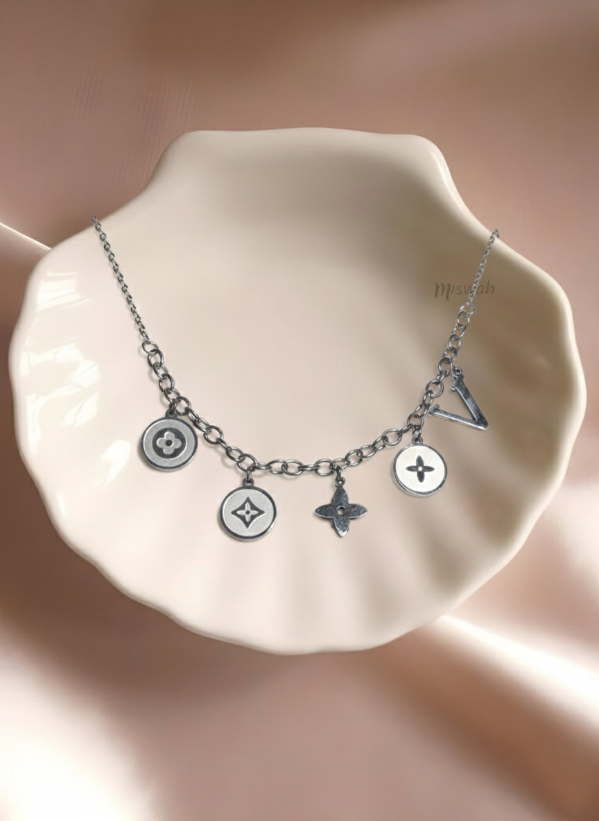 Vintage Silver Monogram Station Charm Necklace
