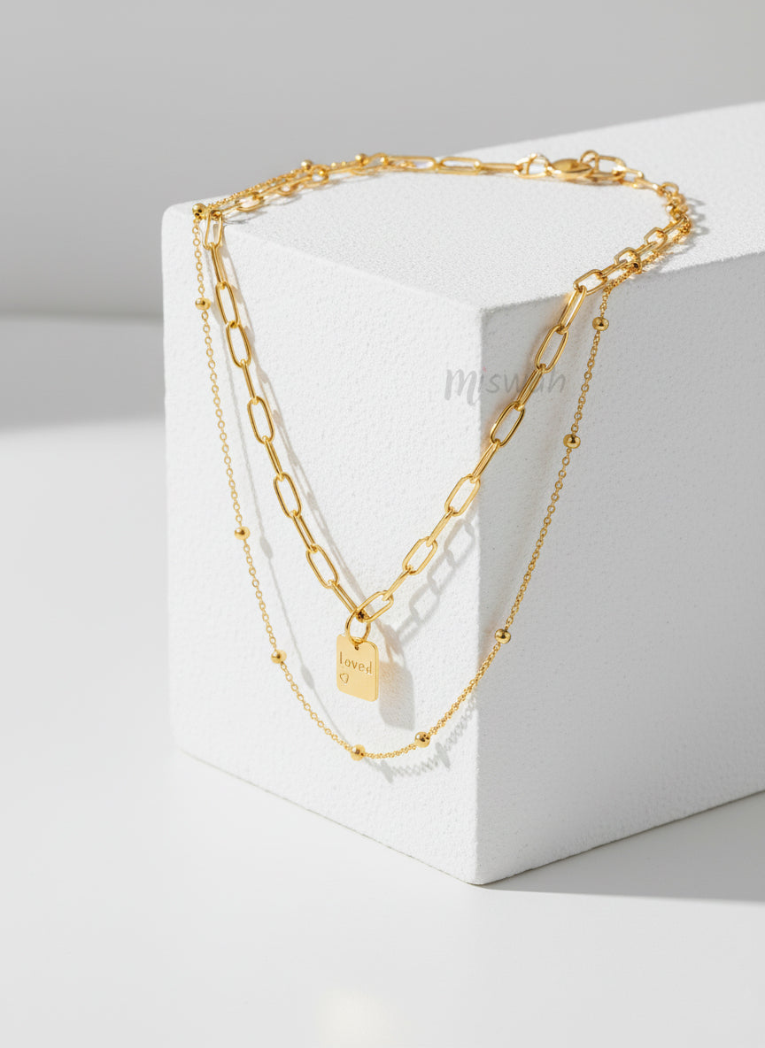 Gold Paperclip Bead Chain Layered Necklace