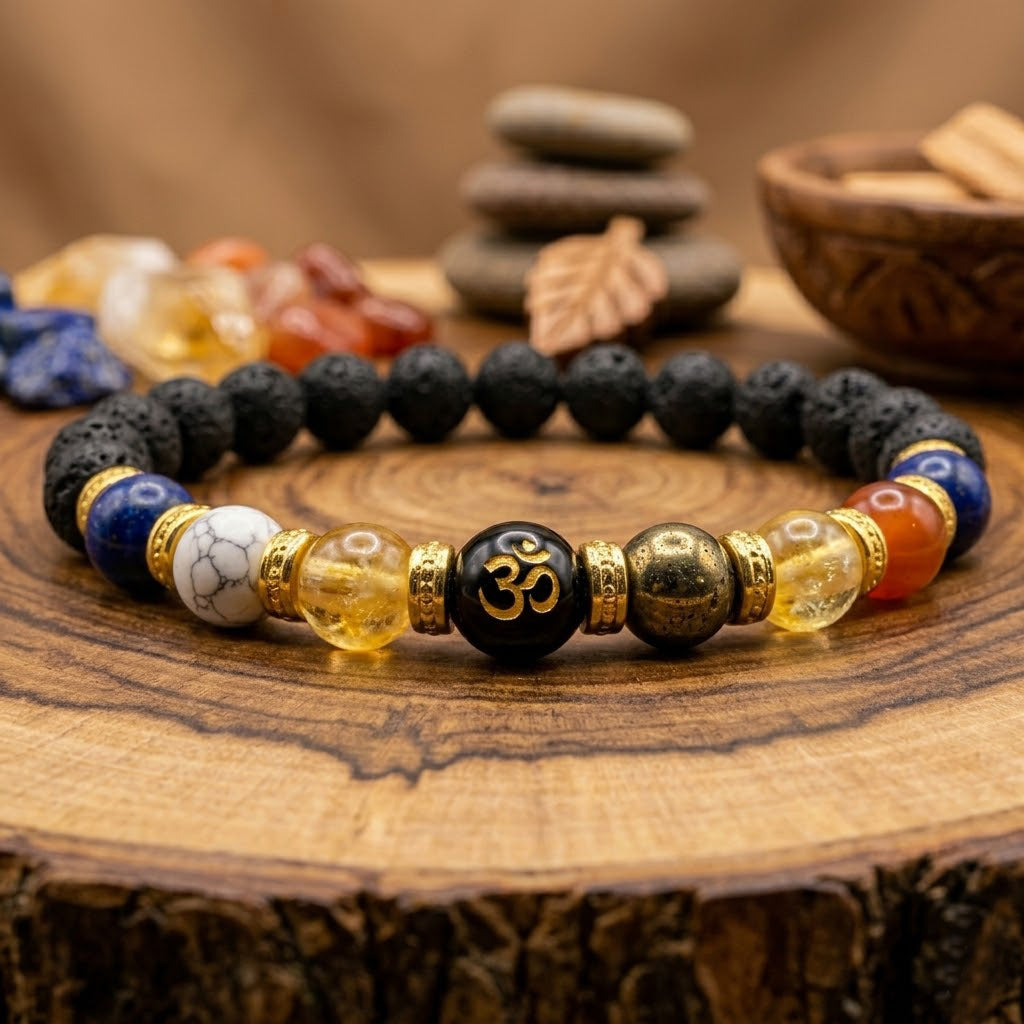 7 Chakra Lava Stone Bracelet with Om Symbol
