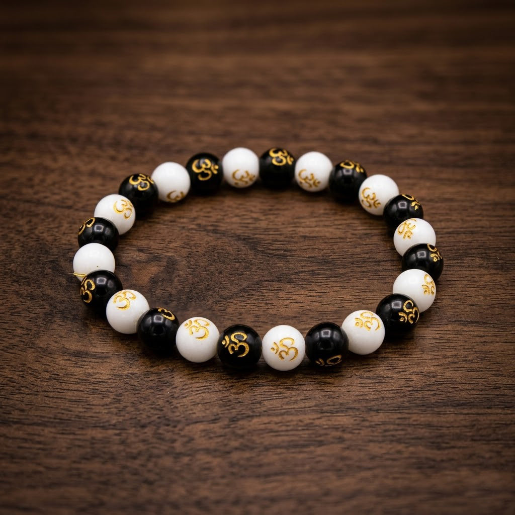 Om Symbol Black & White Beaded Bracelet