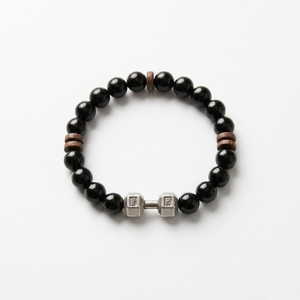 Dumbbell Charm Black Bead Bracelet
