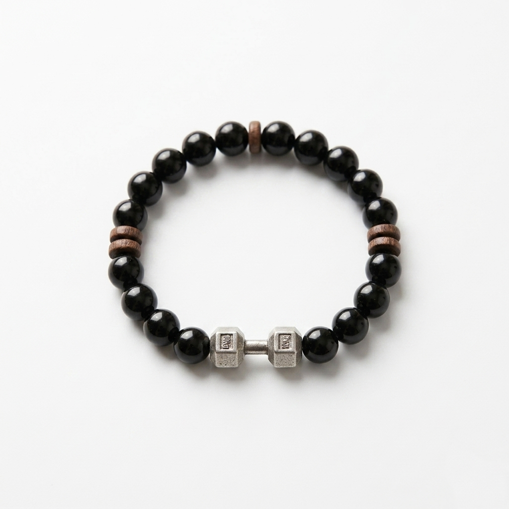 Dumbbell Charm Black Bead Bracelet