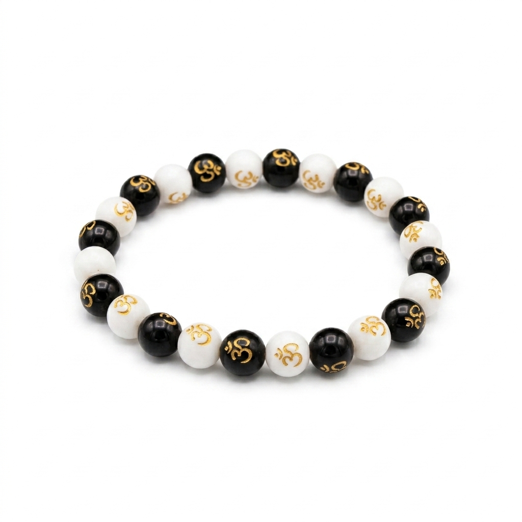 Om Symbol Black & White Beaded Bracelet