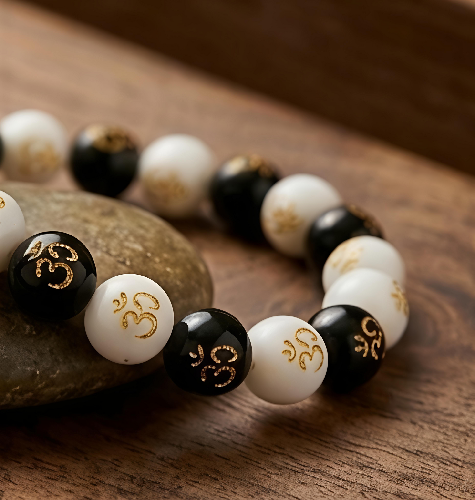 Om Symbol Black & White Beaded Bracelet