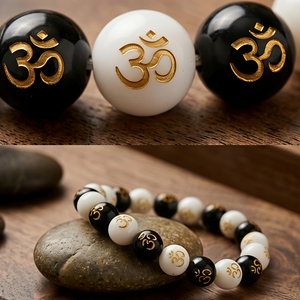 Om Symbol Black & White Beaded Bracelet