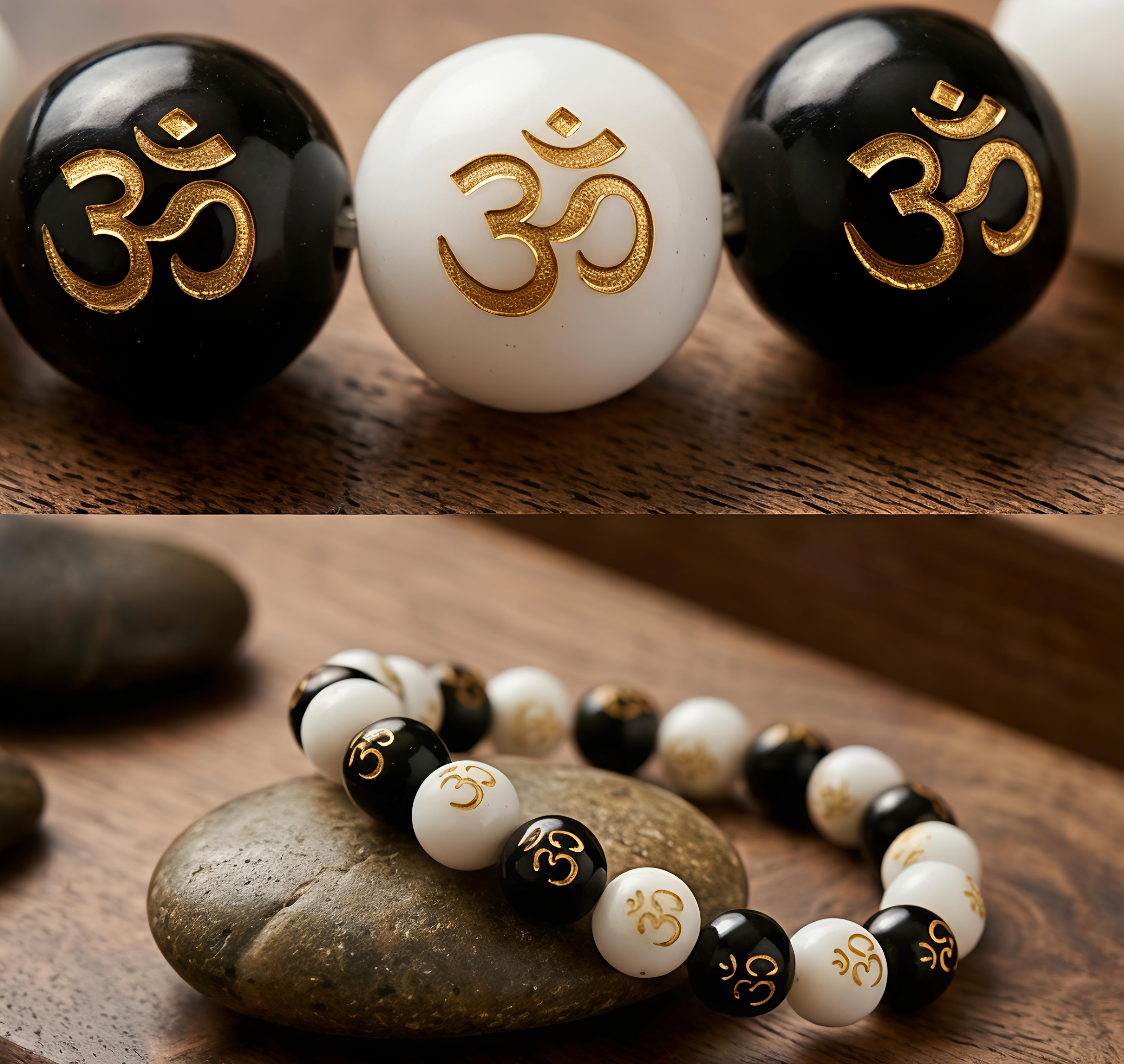 Om Symbol Black & White Beaded Bracelet