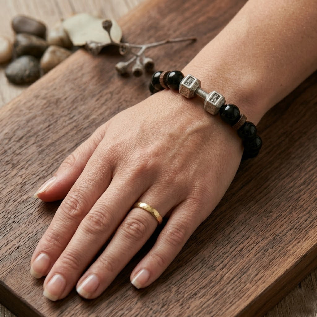 Dumbbell Charm Black Bead Bracelet