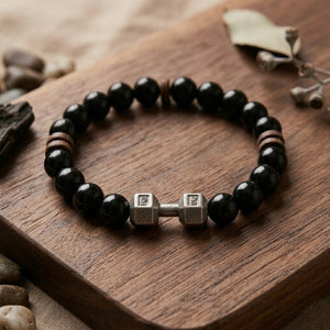 Dumbbell Charm Black Bead Bracelet