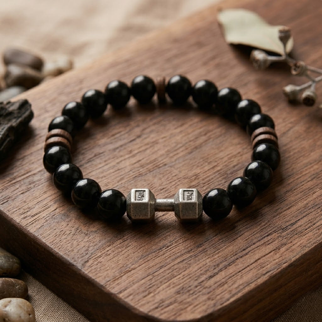 Dumbbell Charm Black Bead Bracelet
